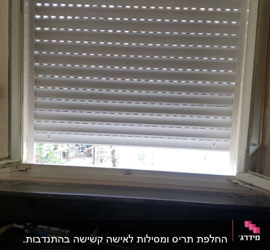 תריסים לבנים סגורים עם חריצים לאור